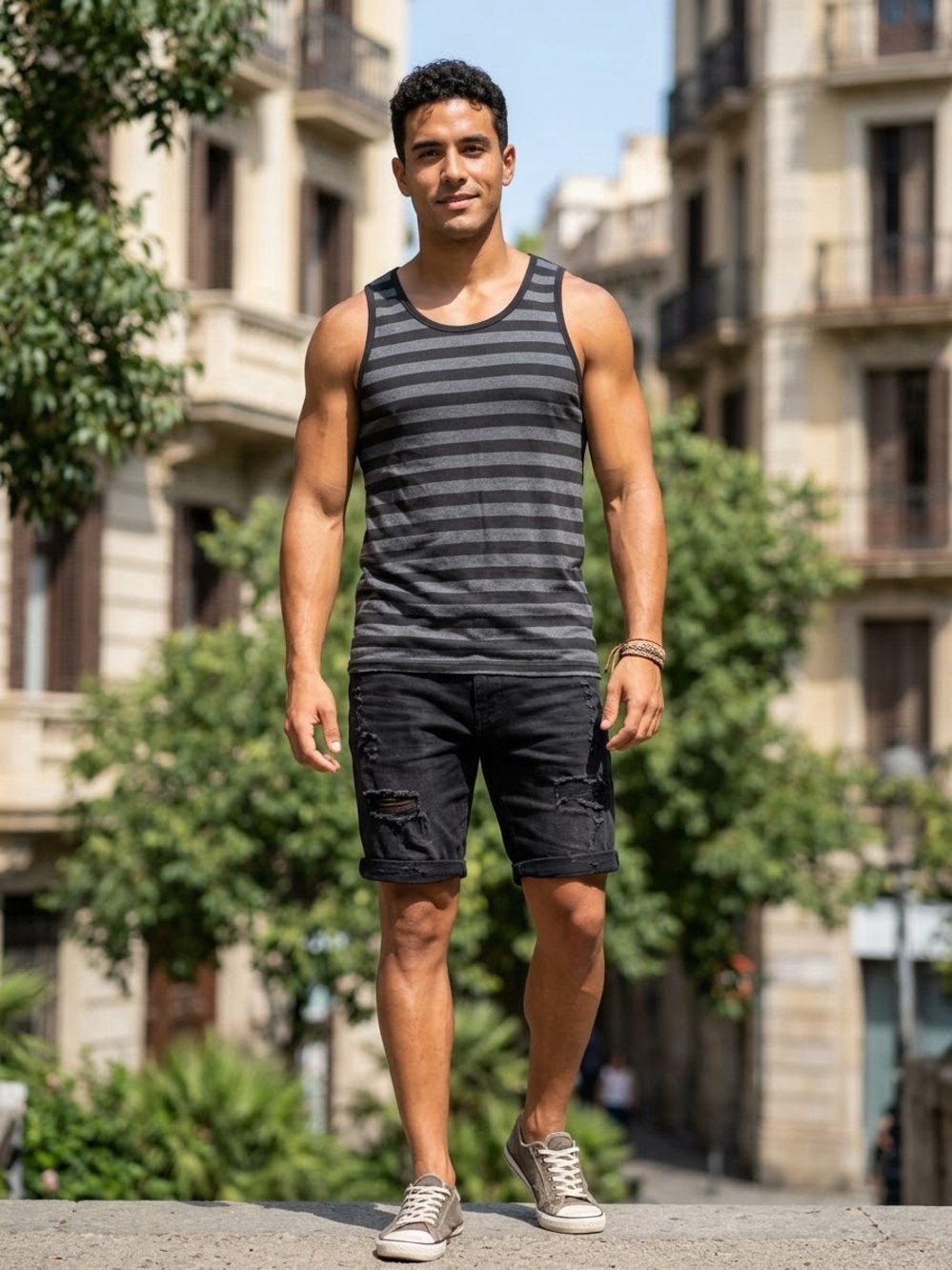 Mens Large Black Grey Stripped Tank Top